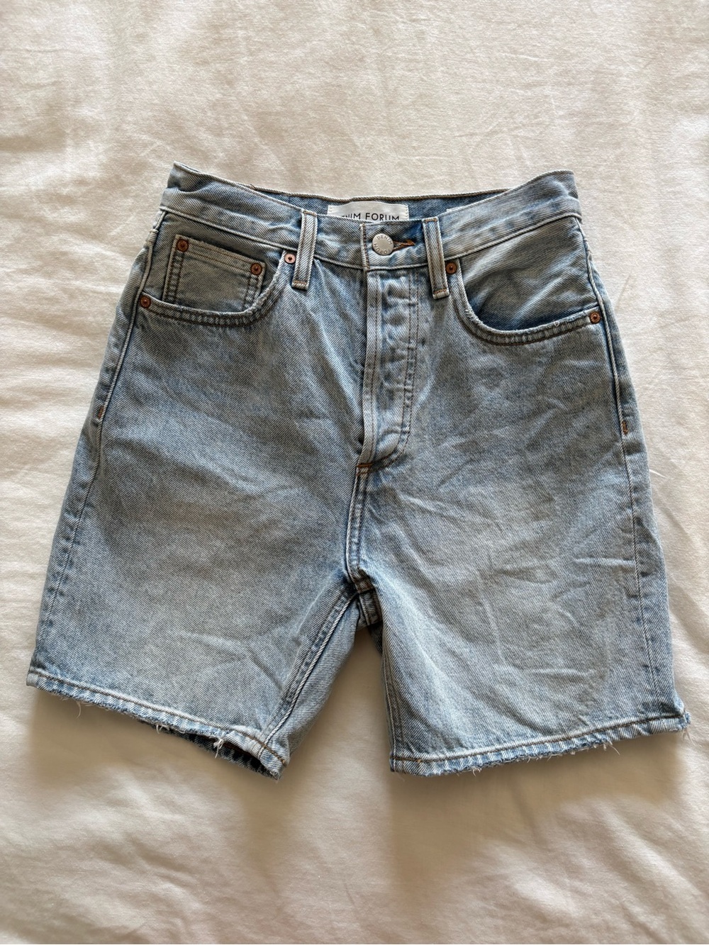 Aritzia Denim Forum The Joni Loose Long Denim Shorts Light Blue 23
